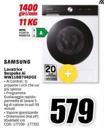 MediaWorld SAMSUNG Lavatrice Bespoke Ai WW11BB704DGE offerta