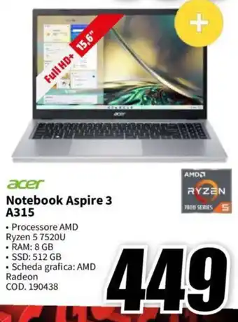 MediaWorld acer Notebook Aspire 3 A315 offerta
