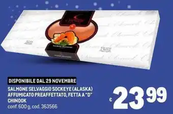 Metro SALMONE SELVAGGIO SOCKEYE (ALASKA) AFFUMICATO PREAFFETTATO, FETTA A "D" CHINOOK conf. 600 g, cod. 363566 offerta