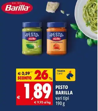 Tigros PESTO BARILLA vari tipi 190 g offerta