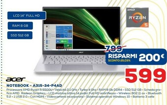 Acer Notebook A315-34-P4AD 8GB 512GB