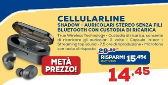 Euronics Cellularline Shadow - Auricolari Stereo Senza Fili Bluetooth Con Custodia Di Ricarica offerta