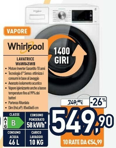 Whirlpool Lavatrice W6W045WB offerta di Unieuro