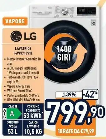 Unieuro LG F4WV710S1E Lavatrice Libera Installazione Caricamento Frontale 10,5 Kg 1400 Giri/min A Bianco offerta