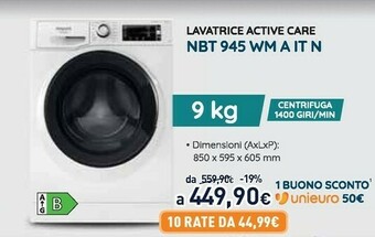 Unieuro Hotpoint NBT 945 WM A IT N Lavatrice Libera Installazione Caricamento Frontale 9 Kg 1400 Giri/min B Bianco offerta