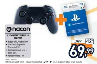 Unieuro Nacon Asymmetric Wireless Gamepad PC,PlayStation 4 Analogico/Digitale Bluetooth/USB Nero offerta