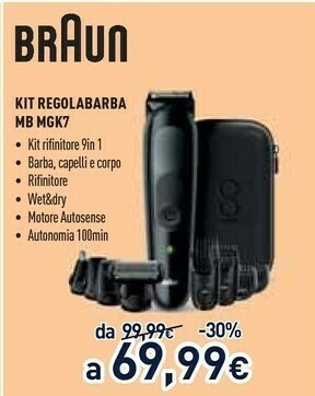 Unieuro Braun All-in-one MGK7, Regolabarba 9-In-1, Tagliacapelli, Design Edition, Custodia Da Viaggio, Rifinitore Corpo, Naso E Orecc offerta