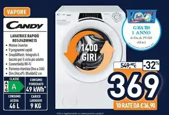 Unieuro Candy RapidÓ RO 1494DWME / 1-S Lavatrice Libera Installazione Caricamento Frontale 9 Kg 1400 Giri/min A Bianco offerta