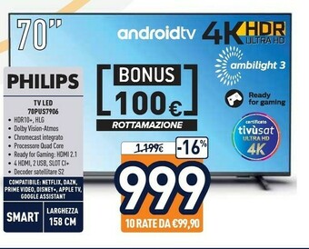 Unieuro Philips 70PUS7906 177,8 Cm (70") 4K Ultra HD Smart TV Wi-Fi Antracite offerta