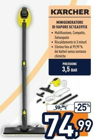 Unieuro Kärcher SC 1 EasyFix Pulitore A Vapore Portatile 0,2 L Nero, Giallo 1200 W offerta
