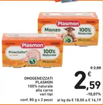 Spazio Conad OMOGENEIZZATI PLASMON 100% naturale alla carne vari tipi conf. 80 g x 2 pezzi al kg offerta