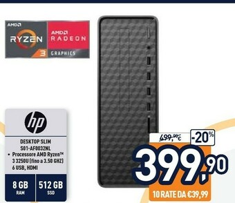 Unieuro HP Slim Desktop S01-aF0032nl DDR4-SDRAM 3250U Mini Tower AMD Ryzen 3 8 GB 512 GB SSD Windows 10 Home PC Nero offerta