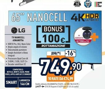 Unieuro LG 65NANO756PA TV 165,1 Cm (65") 4K Ultra HD Smart TV Wi-Fi Nero offerta