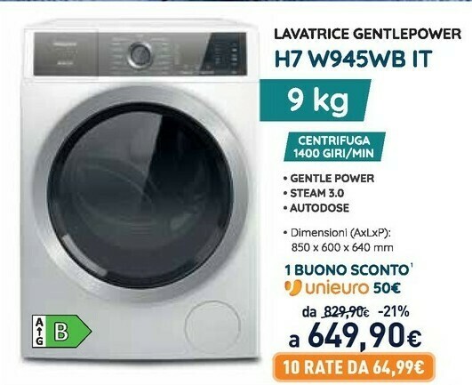 Hotpoint H7 W945WB IT Lavatrice Libera Installazione Caricamento Frontale 9  Kg 1400 Giri/min B Bianco offerta di Unieuro