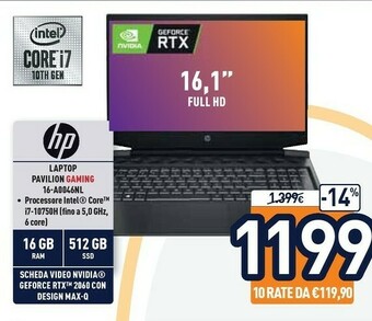Unieuro HP Pavilion Gaming 16-a0046nl Computer Portatile 40,9 Cm (16.1") Full HD Intel® Core™ I7 Di Decima Generazione 16 GB DDR4-SDR offerta