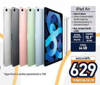 Unieuro Apple IPad Air 64 GB 27,7 Cm (10.9") Wi-Fi 6 (802.11ax) IOS 14 Verde offerta
