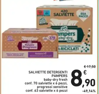SALVIETTE DETERGENTI PAMPERS baby-dry fresh conf. 70 salviette x 6 pezzi progressi sensitive conf. 63 salviette x 6 pezzi