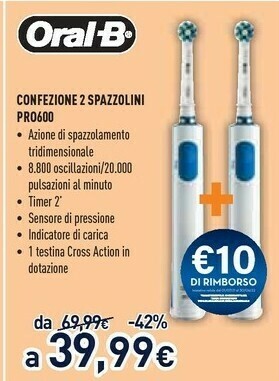 Unieuro Oral b Oral-B PRO 600 Cross Action Adulto BIPACCO 2 Spazzolini - Rotante-oscillante Blu, Bianco offerta