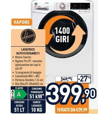 Unieuro Hoover LINK PRO HLPS1510TAMBE-11 Lavatrice Libera Installazione Caricamento Frontale 10 Kg 1500 Giri/min A Bianco offerta