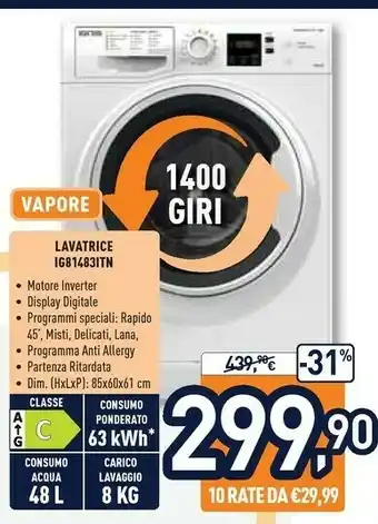 Unieuro Ignis IG 81483 IT N Lavatrice Libera Installazione Caricamento Frontale 8 Kg 1400 Giri/min C Bianco offerta