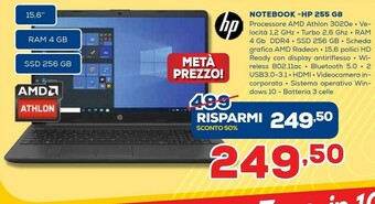 Euronics HP 255 G8 Computer Portatile 39,6 Cm (15.6") HD AMD 3000 4 GB DDR4-SDRAM 256 GB SSD Wi-Fi 5 (802.11ac) FreeDOS Nero offerta