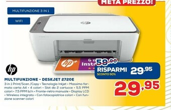 Euronics HP DeskJet 2720e Getto Termico D'inchiostro A4 4800 X 1200 DPI 7,5 Ppm Wi-Fi offerta