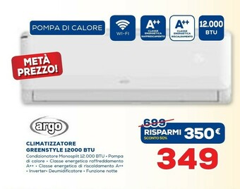 Euronics Argo Climatizzatore Greenstyle 12000 Btu offerta