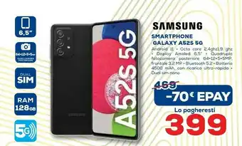 Euronics Samsung Galaxy A52s 5G Display 6.5” FHD+ Super AMOLED 128GB Awesome Green offerta