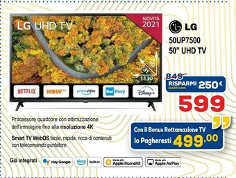 Euronics LG 50UP7500 127 Cm (50") 4K Ultra HD Smart TV Wi-Fi Nero offerta