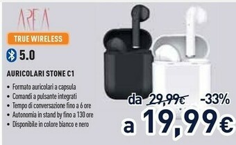 Unieuro Area TWS Stone C1 Cuffia Auricolare Bluetooth Base Di Ricarica Nero offerta
