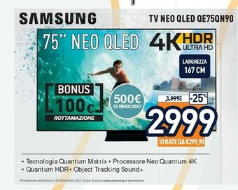 Unieuro Samsung TV Neo QLED 4K 75” QE75QN90A Smart TV Wi-Fi Titan Black 2021 offerta