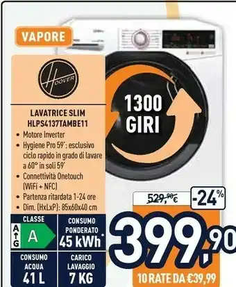 Unieuro Hoover Hoover LINK PRO HLPS4137TAMBE-11 lavatrice Libera installazione Caricamento frontale 7 kg 1300 Giri/min A Bianco offerta