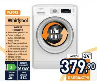 Unieuro Whirlpool FFB R8528 BV IT Lavatrice Libera Installazione Caricamento Frontale 8 Kg 1200 Giri/min B Bianco offerta