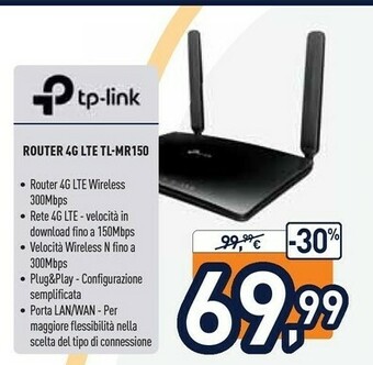 Unieuro Tp Link TP-LINK TL-MR150 Router Wireless Banda Singola (2.4 GHz) Fast Ethernet 3G 4G Nero offerta