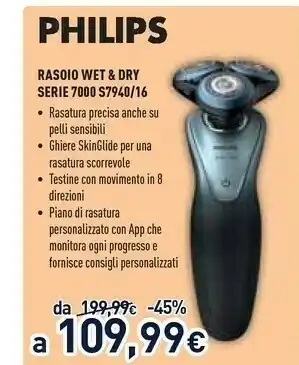 Unieuro Philips SHAVER Series 7000 S7940/84 Rasoio Elettrico Rotazione Trimmer Nero, Blu offerta