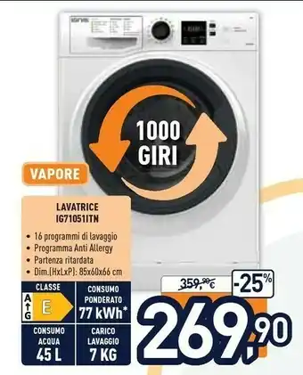 Unieuro Ignis IG 71051 IT N Lavatrice Libera Installazione Caricamento Frontale 7 Kg 1000 Giri/min E Bianco offerta