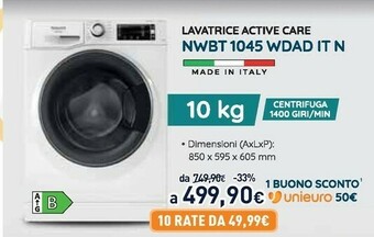 Unieuro Hotpoint NWBT 1045 WDAD IT N Lavatrice Libera Installazione Caricamento Frontale 10 Kg 1400 Giri/min B Bianco offerta