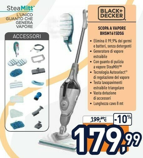Black \u0026 Decker Scopa A Vapore BHSM1615DSG offerta di Unieuro