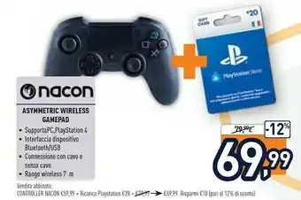 Unieuro Nacon Asymmetric Wireless Gamepad PC,PlayStation 4 Analogico/Digitale Bluetooth/USB Nero offerta