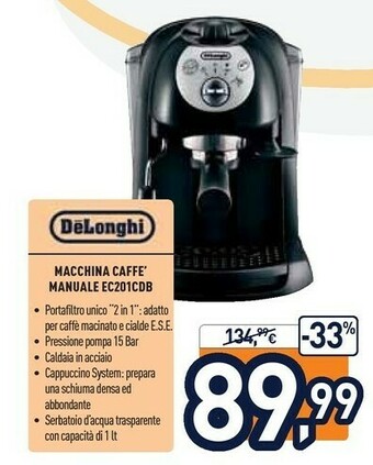Unieuro De Longhi Delonghi Macchina Caffe Manuale EC201CDB offerta