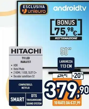 Unieuro Hitachi 50HAK6151 TV 127 Cm (50") 4K Ultra HD Smart TV Wi-Fi Nero offerta