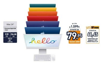 Unieuro Apple IMac 24" Con Display Retina 4.5K (Chip M1 Con GPU 8-core, 256GB SSD) - Blu (2021) offerta