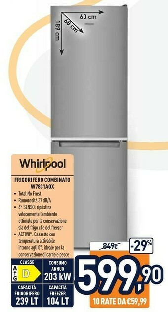 Unieuro Whirlpool W7 831A OX Frigorifero Con Congelatore Libera Installazione 338 L D Acciaio Inossidabile offerta