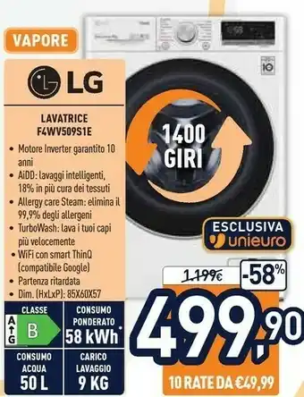 Unieuro LG F4WV509S1 Lavatrice Libera Installazione Caricamento Frontale Bianco 9 Kg 1400 Giri/min A+++ offerta