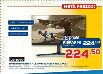 Euronics Lenovo Legion Y25-25 62,2 Cm (24.5") 1920 X 1080 Pixel Full HD LED Nero offerta