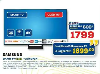 Euronics Samsung TV QLED 4K 75” QE75Q70A Smart TV Wi-Fi Titan Gray 2021 offerta