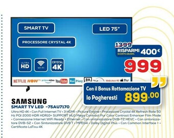 Euronics Samsung TV Crystal UHD 4K 75” UE75AU7170 Smart TV Wi-Fi Titan Gray 2021 offerta