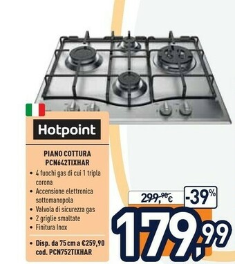 Unieuro Hotpoint PCN 642 IX/HAR Piano Cottura Acciaio Inossidabile Da Incasso 59 Cm Gas 4 Fornello(i) offerta