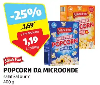 ALDI Snack Fun POPCORN DA MICROONDE salati/al burro 400 g offerta