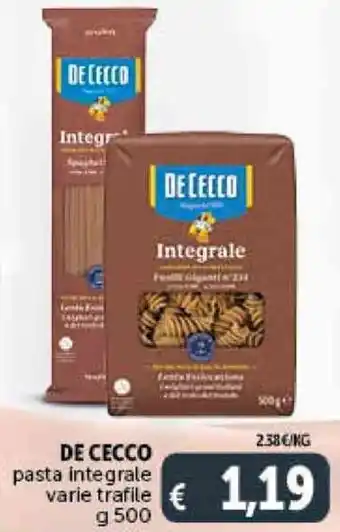 Deco Supermercati DE CECCO pasta integrale varie trafile g 500 offerta